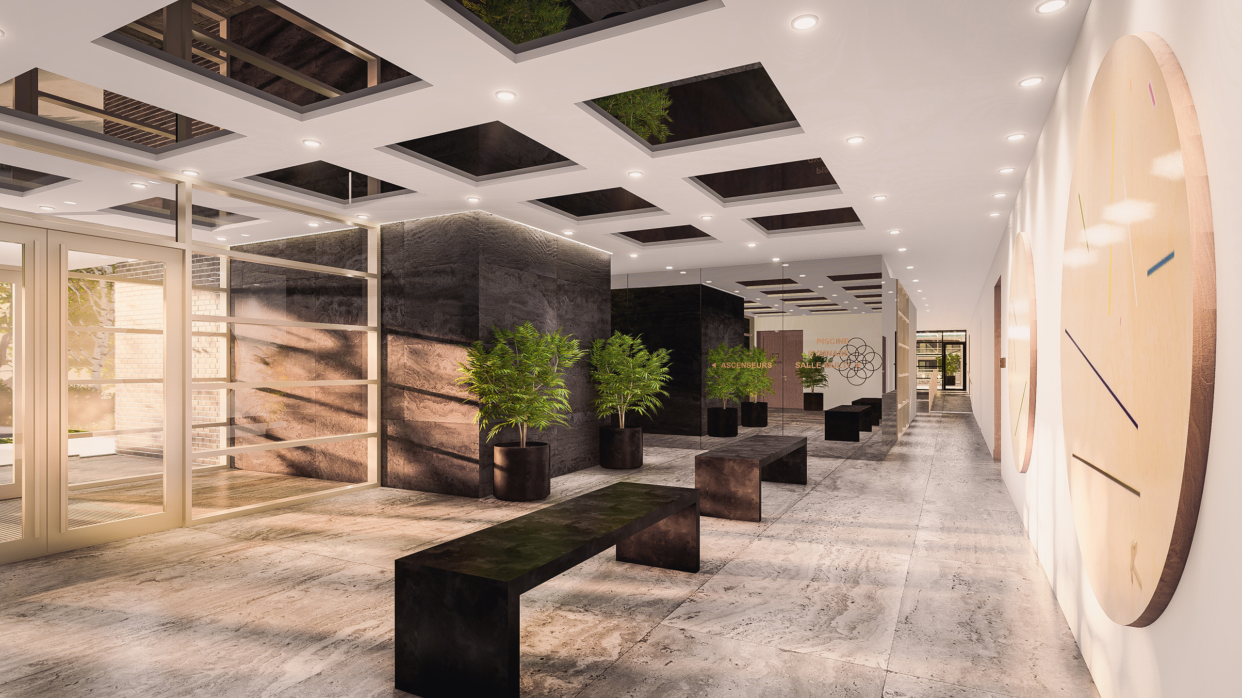Un hall d'entrée moderne et lumineux au design contemporain est agrémenté de bancs noirs, de plantes vertes en pot et d'œuvres d'art murales décoratives. Le plafond associe des puits de lumière à des éclairages encastrés. Le sol en marbre et les cloisons en verre renforcent l'ambiance spacieuse et élégante typique des constructions multirésidentielles haut de gamme.