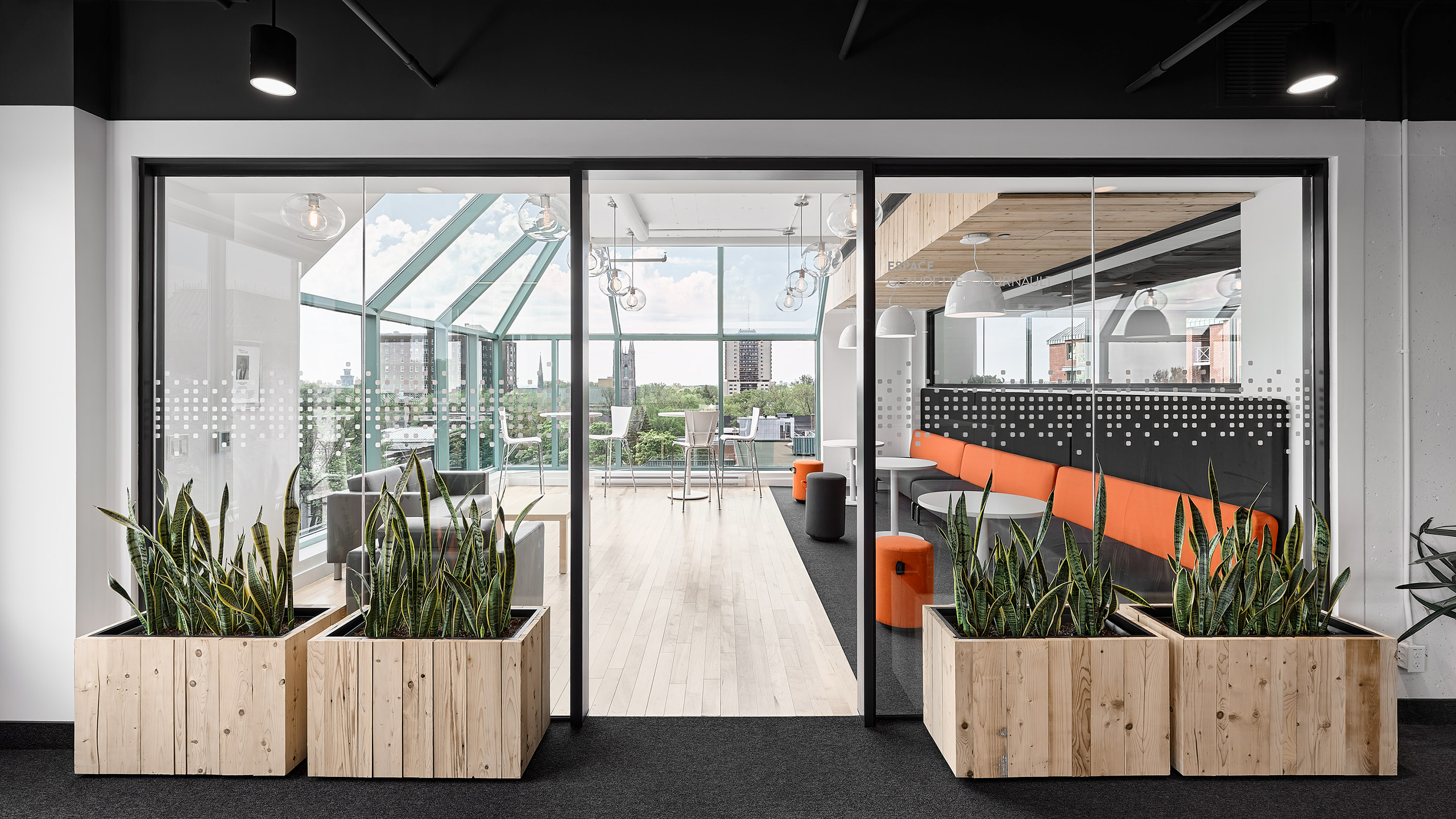 Espace de bureau moderne avec murs et porte en verre. Des jardinières en bois avec des plantes vertes sont placées devant la porte. À l'intérieur, il y a des bancs noirs et orange, des tables et une vue sur de grandes fenêtres montrant le paysage urbain extérieur. Des suspensions sont suspendues au plafond.