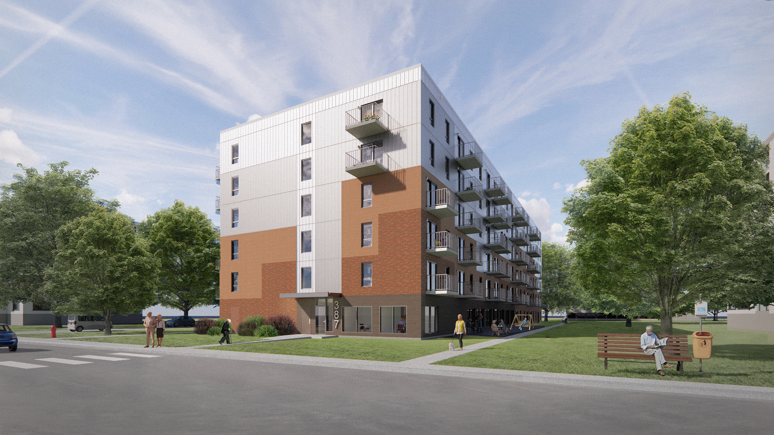 Résidence Mission Unitaînés, un immeuble d'appartements moderne de six étages, présente un mélange de panneaux extérieurs marron et blancs et de nombreux balcons. La scène comprend des gens qui marchent, une personne sur un banc, des arbres verts luxuriants et un ciel bleu avec des nuages épars.