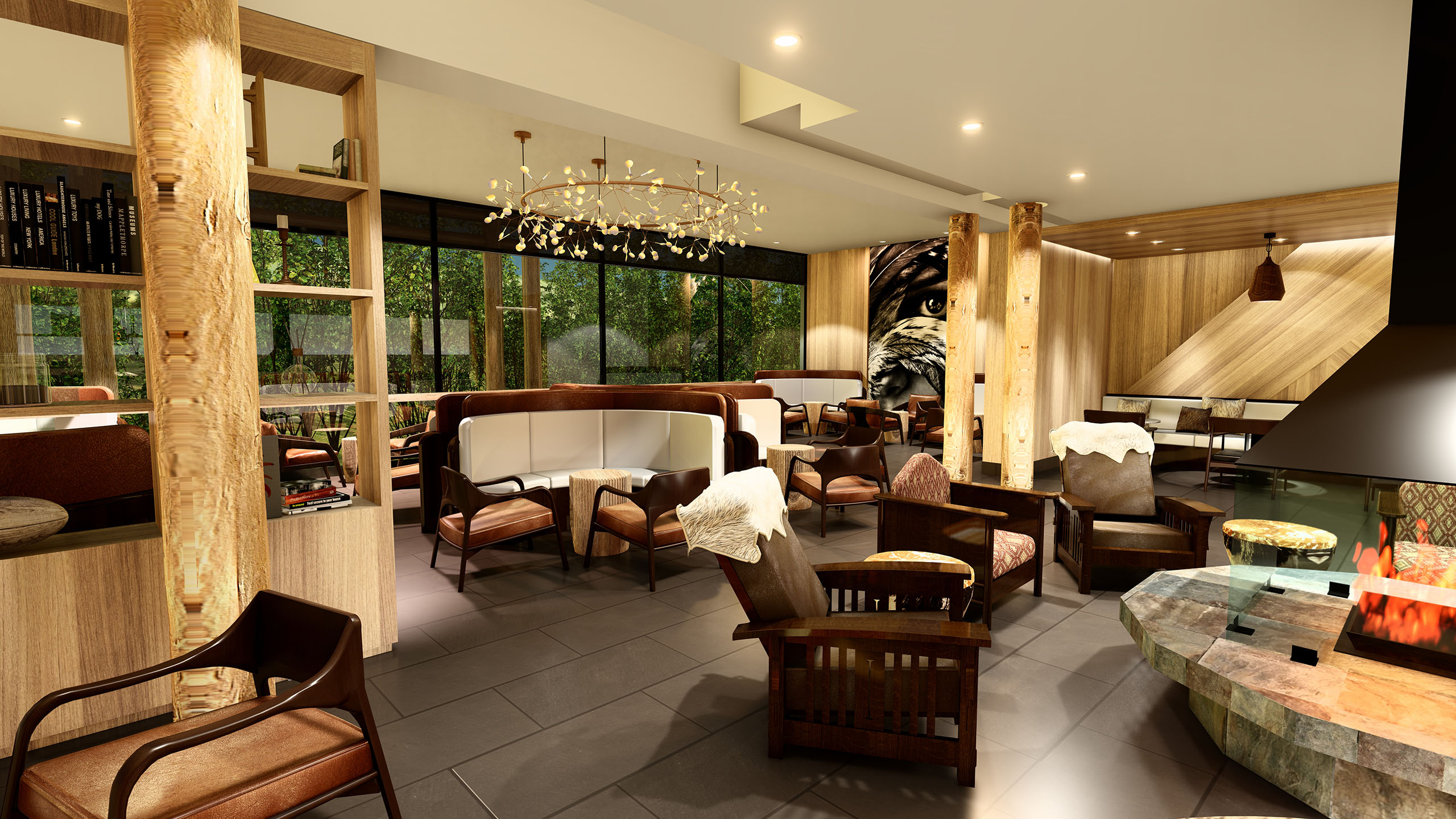 Un espace salon moderne et chaleureux avec des piliers en bois, un mélange de banquettes rembourrées, de chaises et de tables en bois. Dans le cadre du récent agrandissement de l'hôtel, une grande cheminée avec une enceinte en verre trône au premier plan, tandis que de grandes fenêtres révèlent une vue panoramique sur les arbres extérieurs. Un éclairage chaleureux renforce l'atmosphère accueillante.
