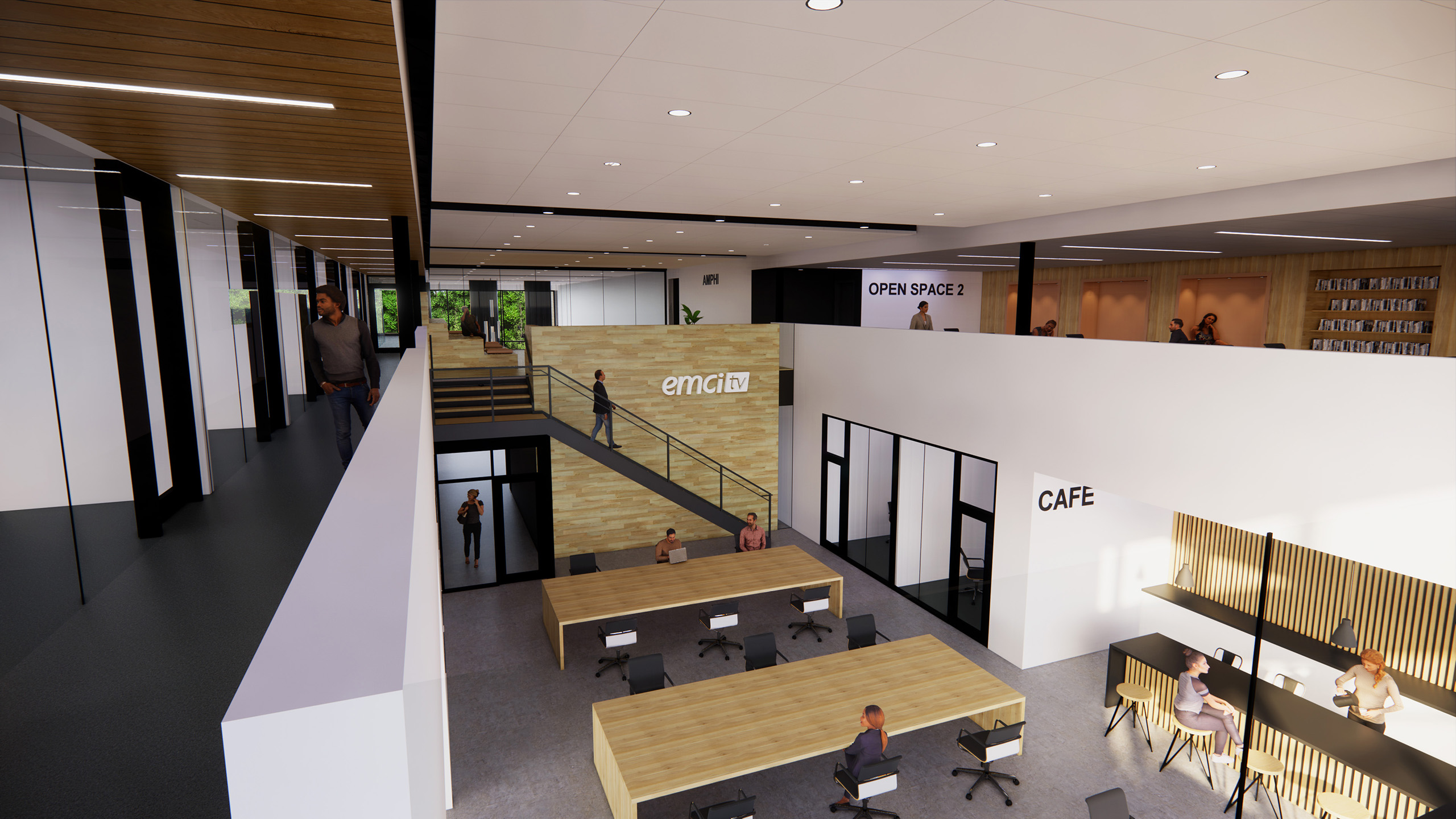 A modern indoor workspace featuring various seating areas, including tables with chairs, a lounge area, and a cafe section. An open second-level walkway leads to "OPEN SPACE 2" and "emc2" signage. In one corner, plans for the construction d'un auditorium are displayed as people work and socialize around the space.