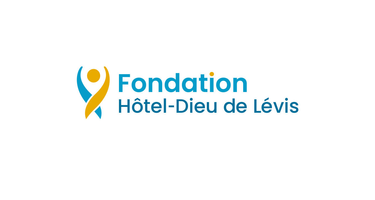 Logo de la Fondation Hôtel-Dieu de Lévis, représentant un personnage stylisé jaune et bleu aux bras levés, à côté du nom de l'organisation en texte bleu sur fond blanc.