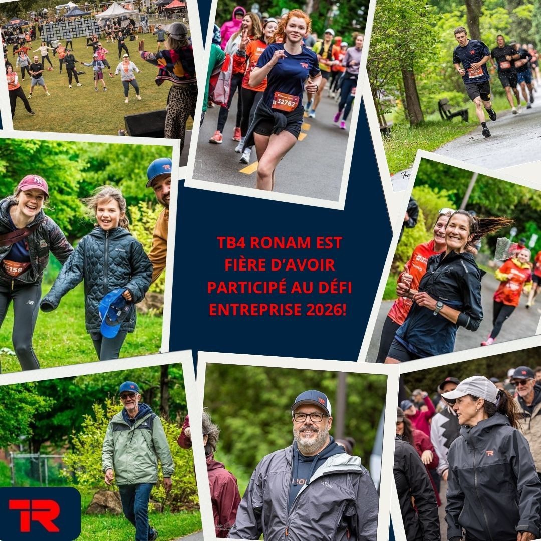 Un collage de photos montre des personnes de tous âges en train de courir, de marcher et de sourire en plein air lors d'une course. Le texte au centre indique : « TB4 RONAM EST FIÈRE D'AVOIR PARTICIPÉ AU DÉFI ENTREPRISE 2026 ! » en français.