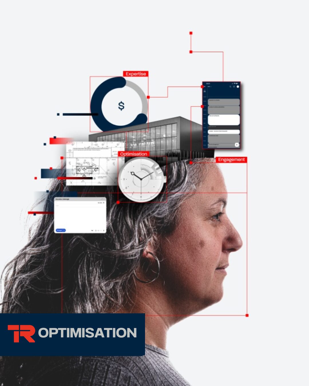 Profil d'une femme, avec, en arrière-plan, des graphiques, une horloge, des messages et un bâtiment au-dessus de sa tête, symbolisant des concepts tels que l'optimisation, l'expertise et l'engagement. Le logo « TR Optimisation » apparaît en bas à gauche.