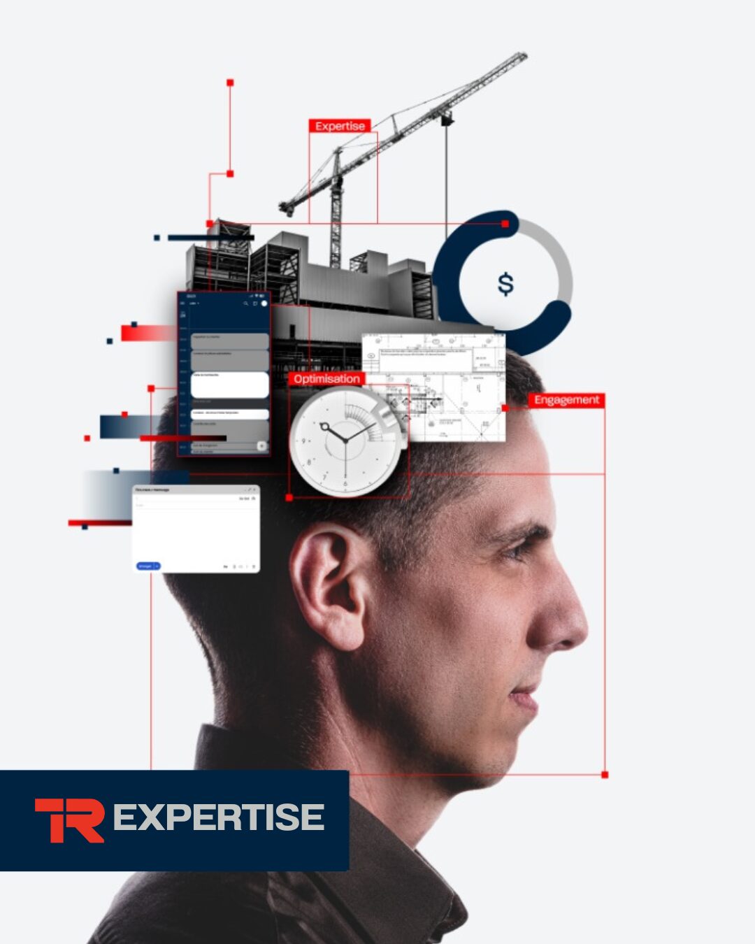 Le profil d'un homme, avec des éléments de construction, des plans, des écrans numériques et une horloge superposés au-dessus de sa tête, symbolisant la gestion de projet et l'expertise. Le logo « TR EXPERTISE » apparaît dans le coin inférieur gauche.