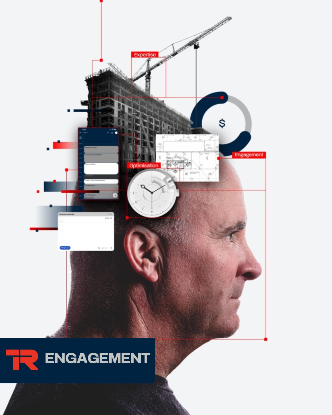 Un homme vu de profil, avec au-dessus de sa tête des éléments liés au bâtiment et à la technologie, notamment une grue, un immeuble, des graphiques, une horloge et des écrans numériques. Le logo « TR ENGAGEMENT » apparaît dans le coin inférieur gauche.