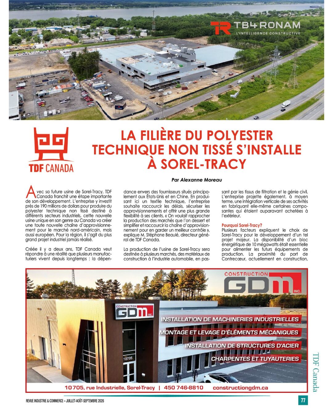 Extrait du magazine industrie et commerce sur le projet TDF Canada.