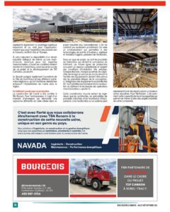 Un collage représentant un chantier, des bâtiments industriels, un camion-benne rouge et un ouvrier en tenue de sécurité qui sourit et lève le pouce, avec du texte en français et des logos d'entreprise répartis sur toute la page.