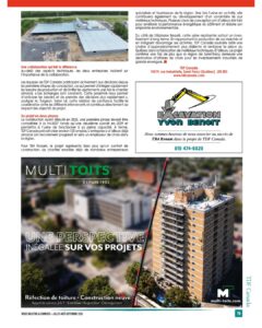 Vues aériennes de deux chantiers de couverture : un bâtiment rectangulaire à toit plat et un immeuble résidentiel à plusieurs étages. Sont également visibles : les logos de l'entreprise, ses coordonnées et un texte en français présentant ses services de couverture.